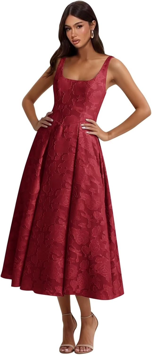 Basgute Floral Lace Bridesmaid Dresses for Women Tea Length A Line Pleated Wedding Guest Dress Formal Gown