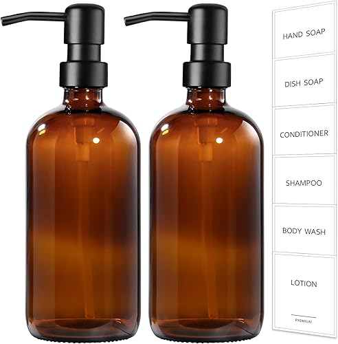 Miniatura 35 de GMISUN Dispensador de jabón de vidrio ámbar, paquete de 2 dispensadores de jabón de manos de baño con bomba de bambú, juego de dispensador de jabón