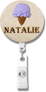 Ice Cream Handmade 3D Personalized Wooden Name Badge Reel - (Taro (Lavender) Ice Cream color, Magnetic Clip Backing)