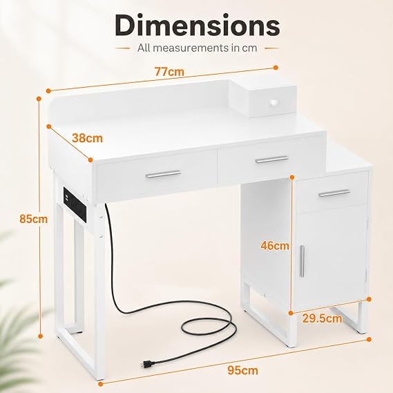 iSunirm Dressing Table Vanity Desk with 4 Storage Drawers - Modern Makeup Desk with Charging Station, Vanity Desk with Reversible Cabinet Table Set with Divided Organizers for Women Girls