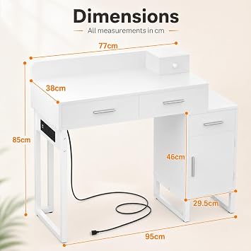 iSunirm Dressing Table Vanity Desk with 4 Storage Drawers - Modern Makeup Desk with Charging Station, Vanity Desk with Reversible Cabinet Table Set with Divided Organizers for Women Girls