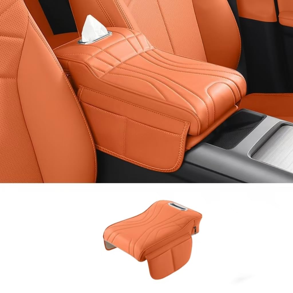 WENINETIES Car Center Console Armrest Box Pad for FIAT Topolino Elektro ab Bj 2023 PU Leather Memory Foam Cushion Elbow Support Guard Side Pockets Storage,Orange