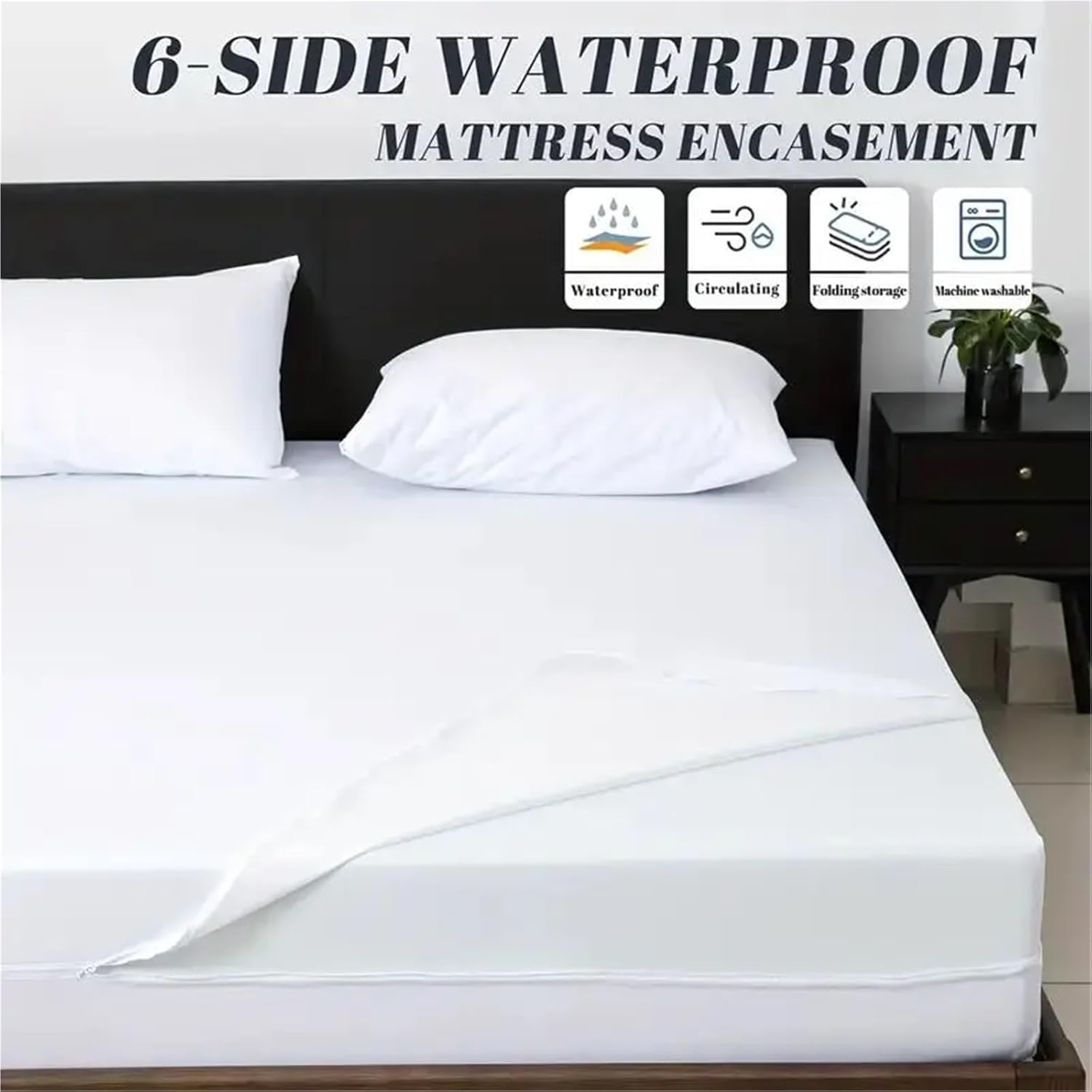 Mattress Protectors 1pc 6-Sides Fully Enclosed Waterproof Mattress Cover with Zipper (Without Pillowcase), Mattress Protector Solid Color(White,90x200x30CM)