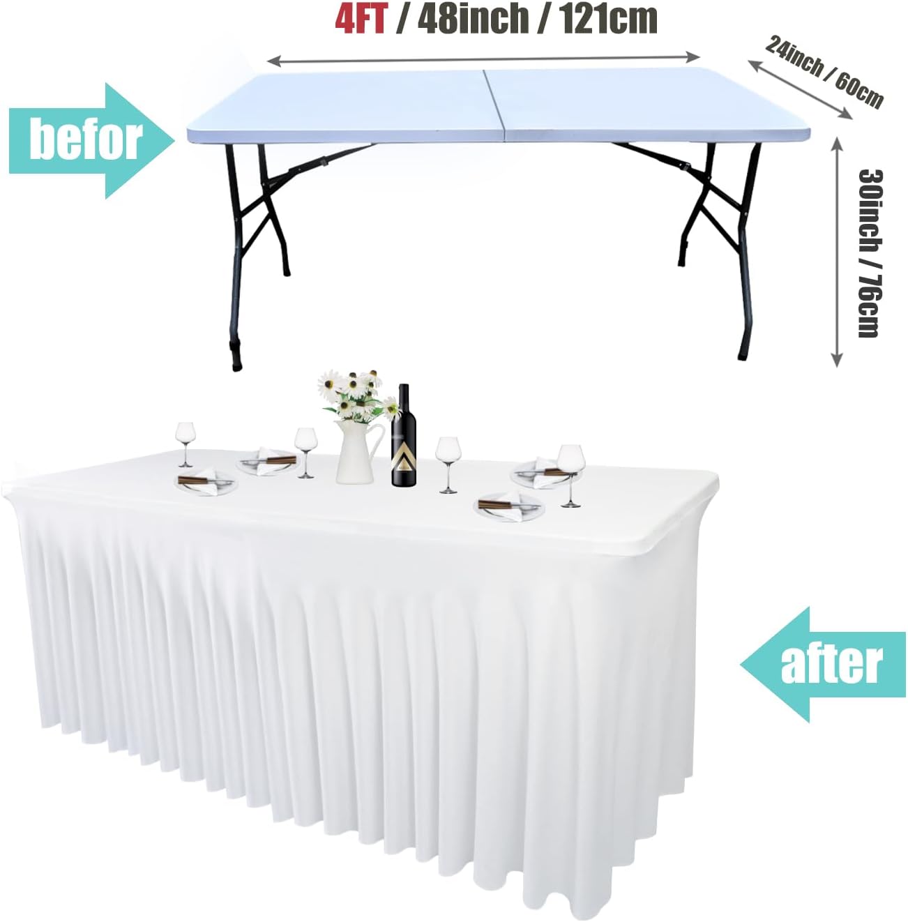 White Spandex Table Skirt for Rectangle Tables (4Ft) | 1-Pack Stretch Pleated Tablecloth for 48" L x 24" W x 30" H Rectangular Tables | Suitable for Banquets, Trade Shows, Birthday