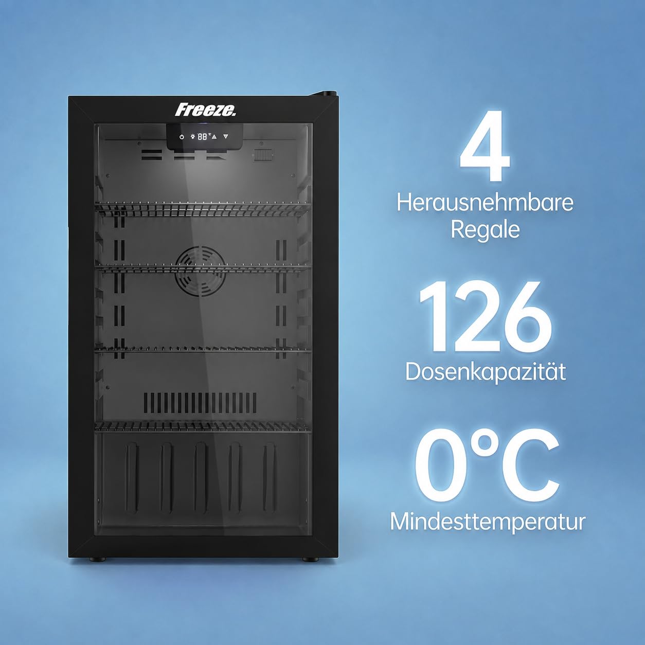 FREEZE. NinetyB+ 86L Getränkekühlschrank, Mini-Kühlschrank für 126 Dosen, Glastürkühlschrank, Weinkühler, kleiner Kühlschrank mit Glastür und verstellbaren Regalen, frostfrei, Schwarz