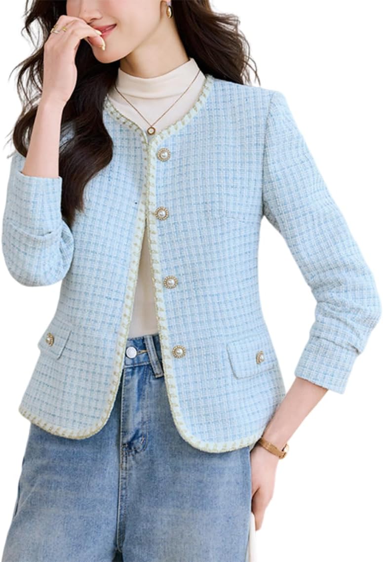 Women’s Tweed Blazer Dressy Open Front Button Down Casual Short Blazer Coat Business Office Suit Jackets
