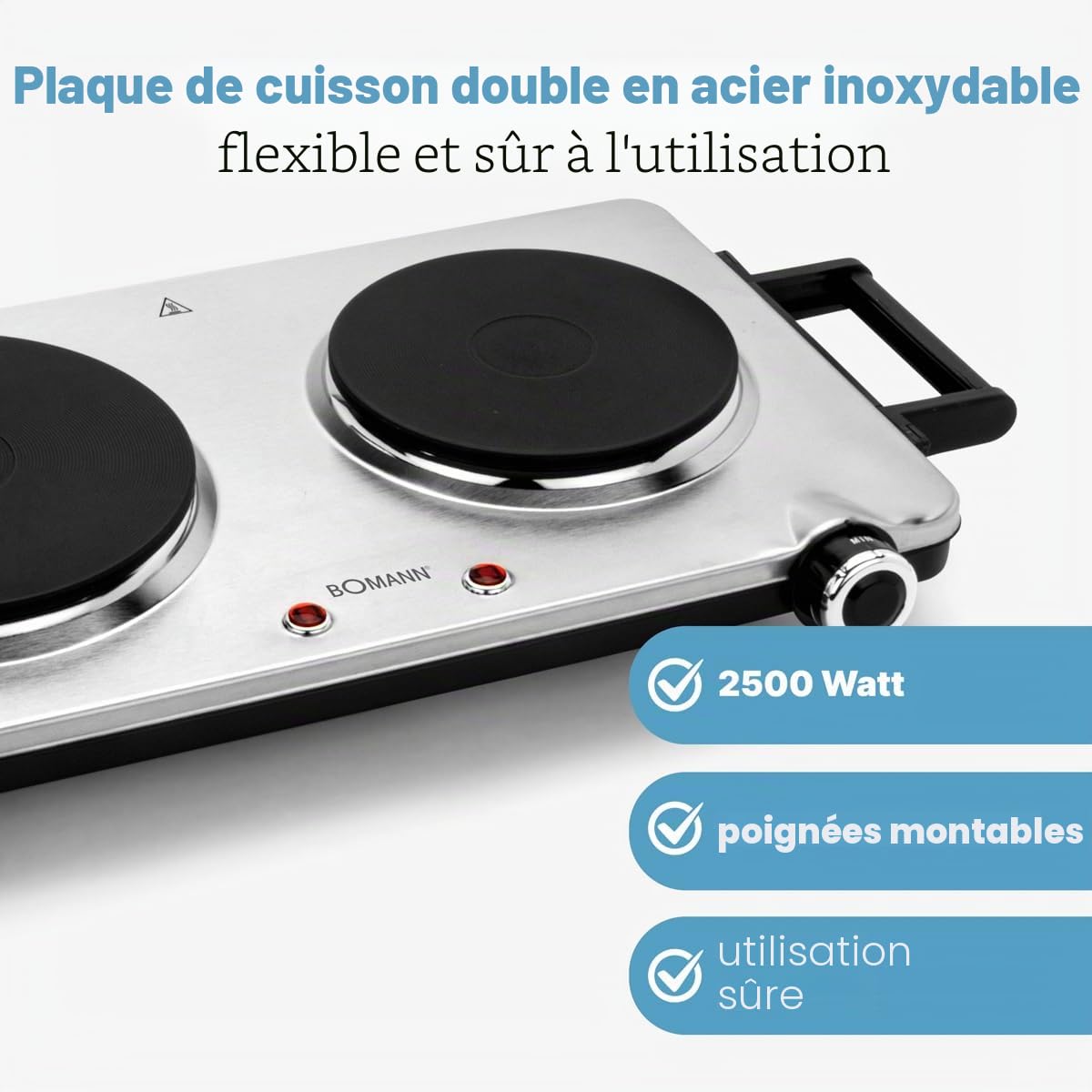 Bomann Double Plaque de Cuisson 2500 W DKP 5033 ECB, Blanc | 2 brûleurs, thermostat réglable, finition résistante à la chaleur, facile à nettoyer, compact
