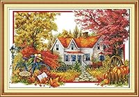 Maydear Cross Stitch Kits Stamped Full Range of Embroidery Starter Kits for Beginners DIY 11CT 3 Strands - Autumn House 34×24(inch)
