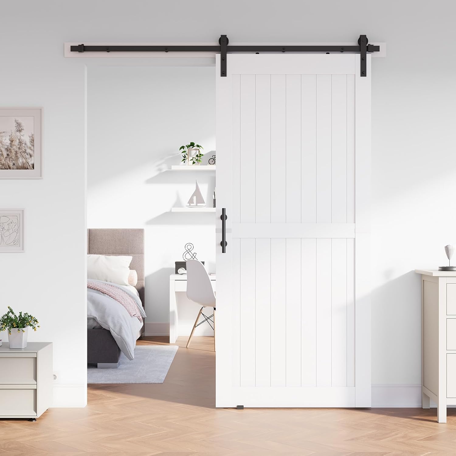SmartStandard 42 x 96 inch White PVC Vinyl Barn Door Super Lightweight with 7FT Sliding Hardware Kit, Floor Guide and Handle - Predrilled & Assembly Required