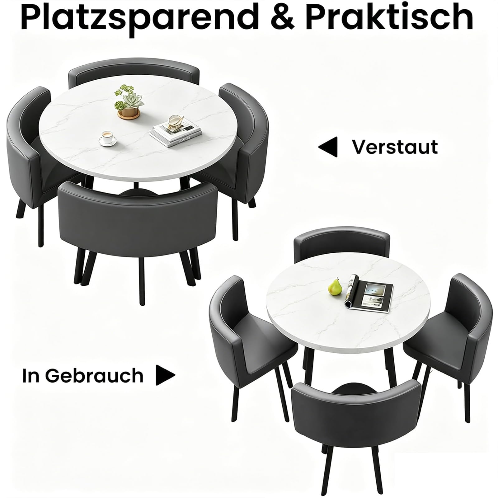 Essgruppe 5-Teilig, Küchenstühle Runder Esstisch und 4 Kunstleder Esszimmerstühle, Küchentisch esszimmertisch 80 cm, für 4-6 Personen, für Esszimmer, Küche, Wohnzimmer, Modern (White-1)
