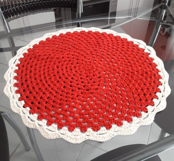 Image of Kavya Craft Present Woollen Handmade Crochet Table Mat /Thal posh (Red Offwhite, 18 inch)