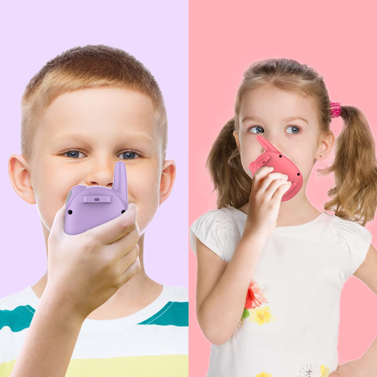 QNIGLO Q136 Walkie Talkie Niños Recargable USB,Radio FM 4Km Alcance 10 Tonos de Llamada,Montar en Bicicleta Acampar Correr,Cumpleaños Regalos para Chicas Chicos,Chulo Walkie con Radio (RojoVioleta) — view 4