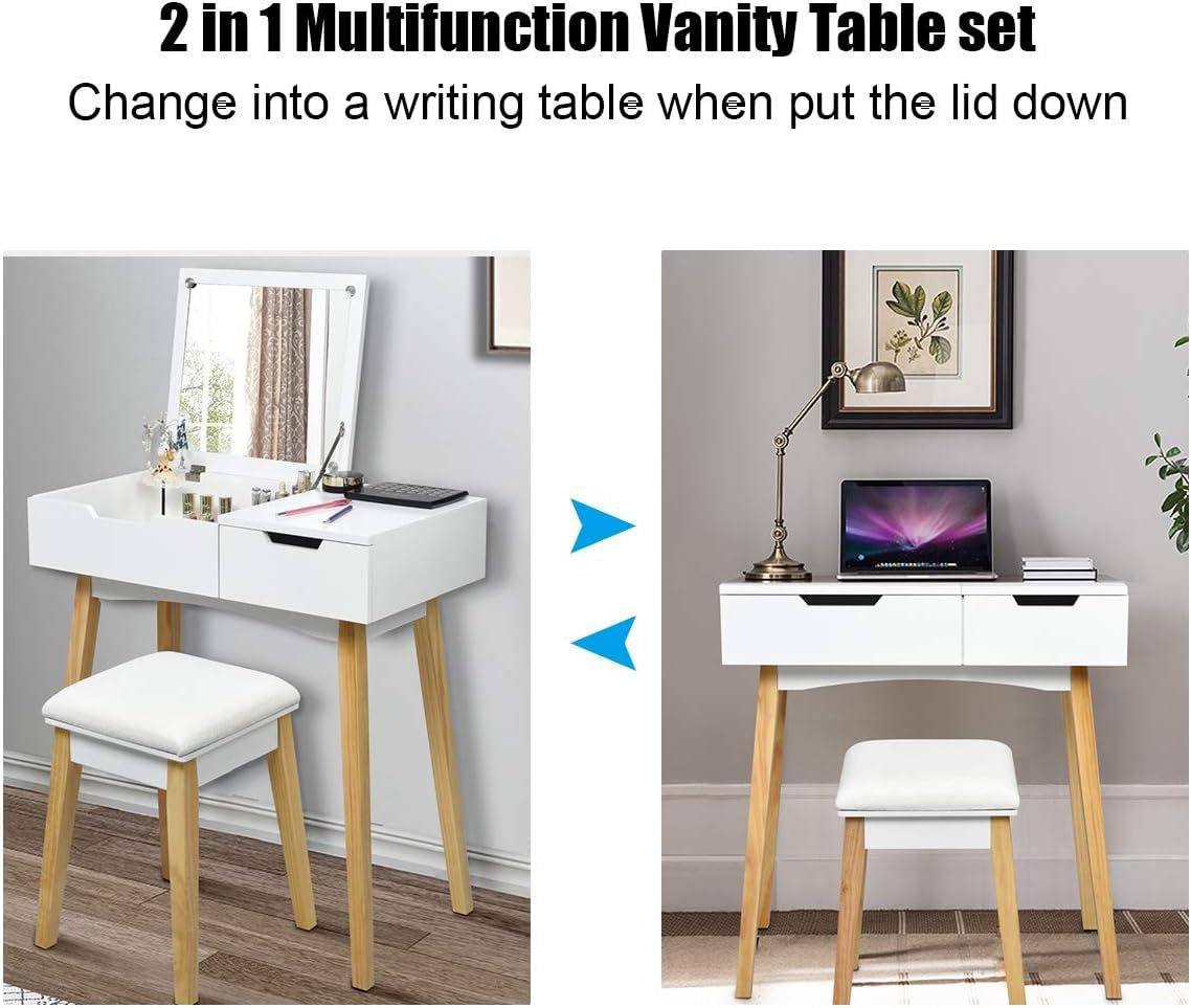 LDAILY Flip Top Vanity Desk with Mirror, Hidden Drawer and Cushioned Stool, Modern 3 in 1 Writing Desk with Solid Pine Wood Leg for Small Space