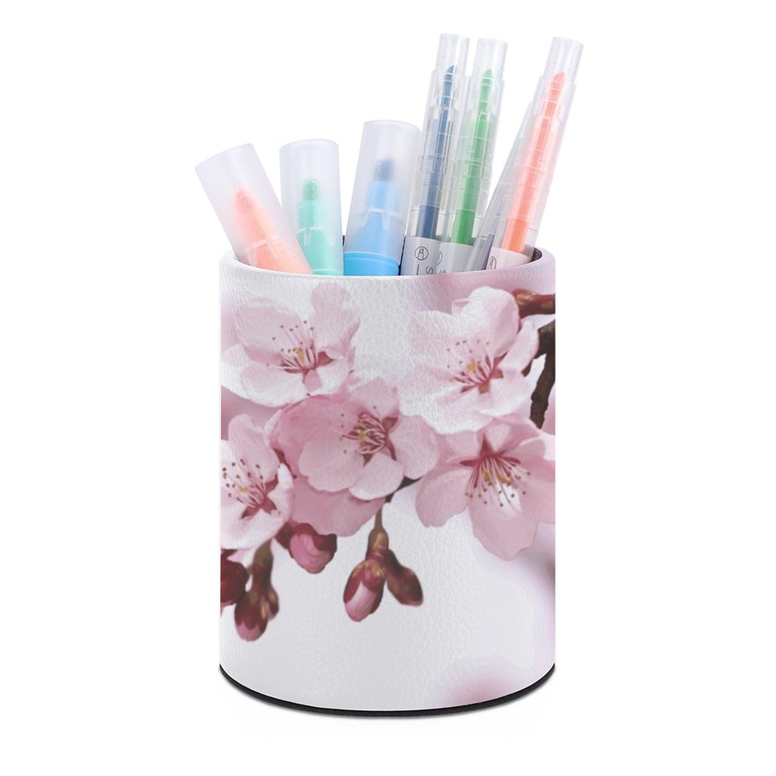 VstaDank Cherry Blossom Pen Holder PU Leather Pencil Cup Minimalist Desk Pencil Holder Round Make Up Brush Organizers For Office Dorm Room&Vanity Desk Accessories