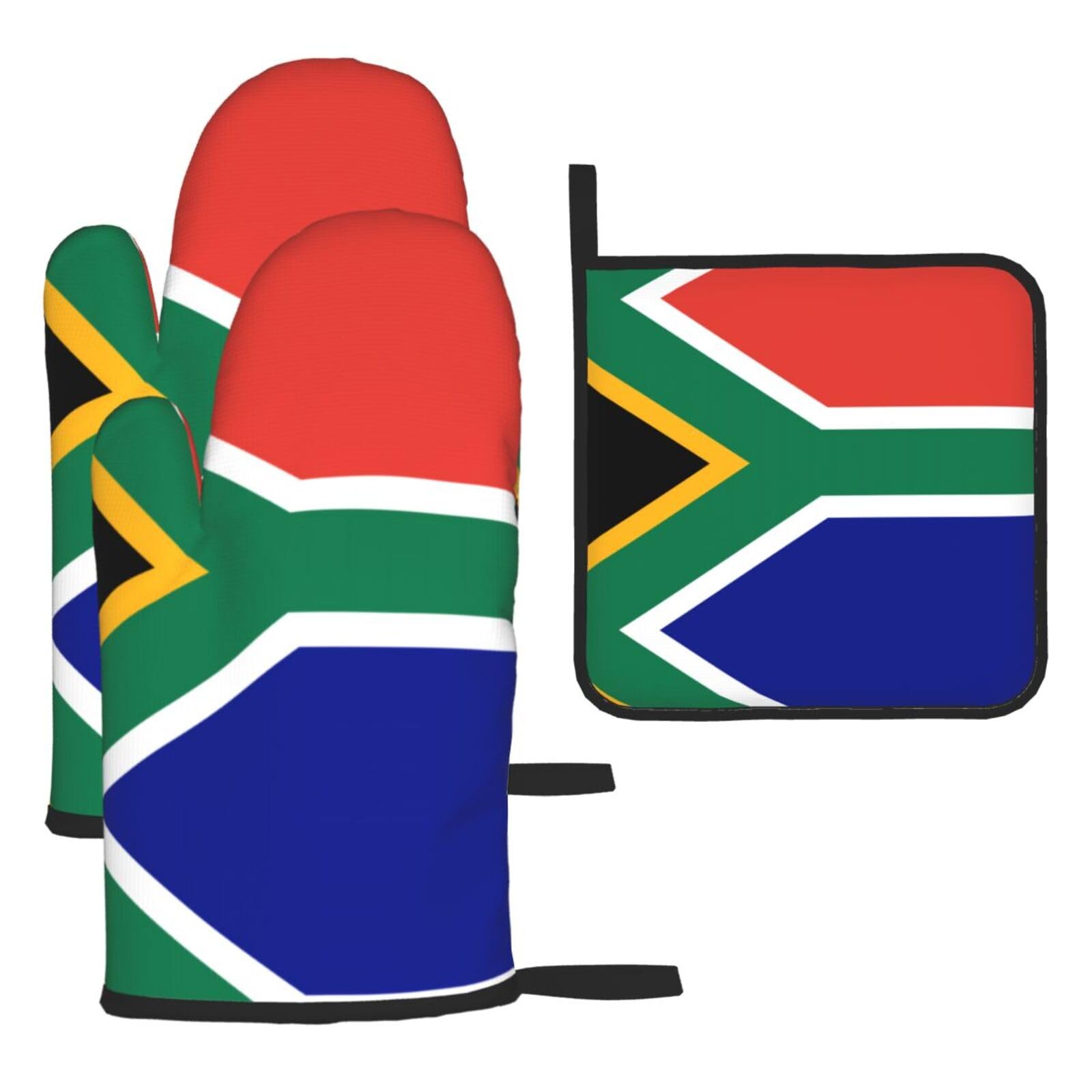 South African flag Printed Oven Mitt Set 3-Piece | Heat Resistant Gloves & Pot Holder Mat for Cooking, Baking & BBQ