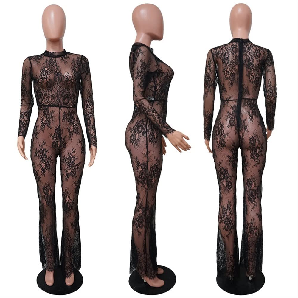 Combinaison Transparente En Dentelle Sexy Pour Femmes Jumpsuit À Manches Longues Party Nightclub Pantalon Long Combishort En Maille Moulante Transparente
