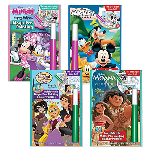 Lee Publications Disney Characters Activity Book Set of 4 for Girls: Mess Free Magic Ink Coloring Books with Tangled, Moana, Mickey and Minnie Mouse