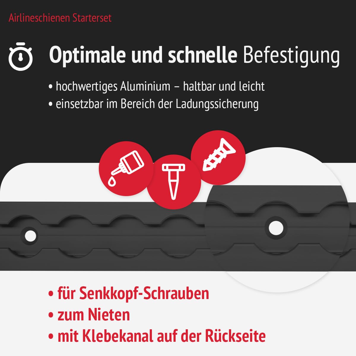 Airlineschienen mit Endkappen und Fittingen, 1.0 m, schwarz KTL-beschichtet, gebohrt, eckig, 34 x 9,6 mm | Zurrschiene | für Transporter, Wohnwagen, Sprinter (Starterset 2.4)