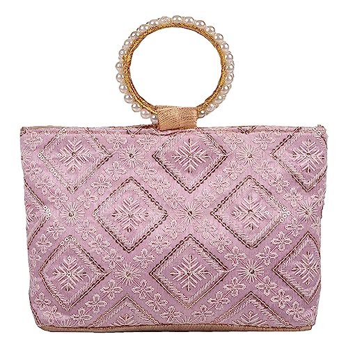 Image of Heart Home Clutch Bag | Zig Zag Chicken Silk Embroidery | Moti Churi Handle | Hand Purse for Woman | Party Bags for Woman | Wedding Clutch Purse | Purple