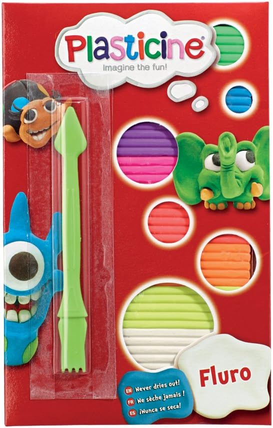 Plasticine Fluro Neon Modelling Clay Pack – 9 Vibrant Neon Colours, Soft & Non-Hardening, Includes Modelling Tool & Ideas Sheet, 130g – Ages 5+