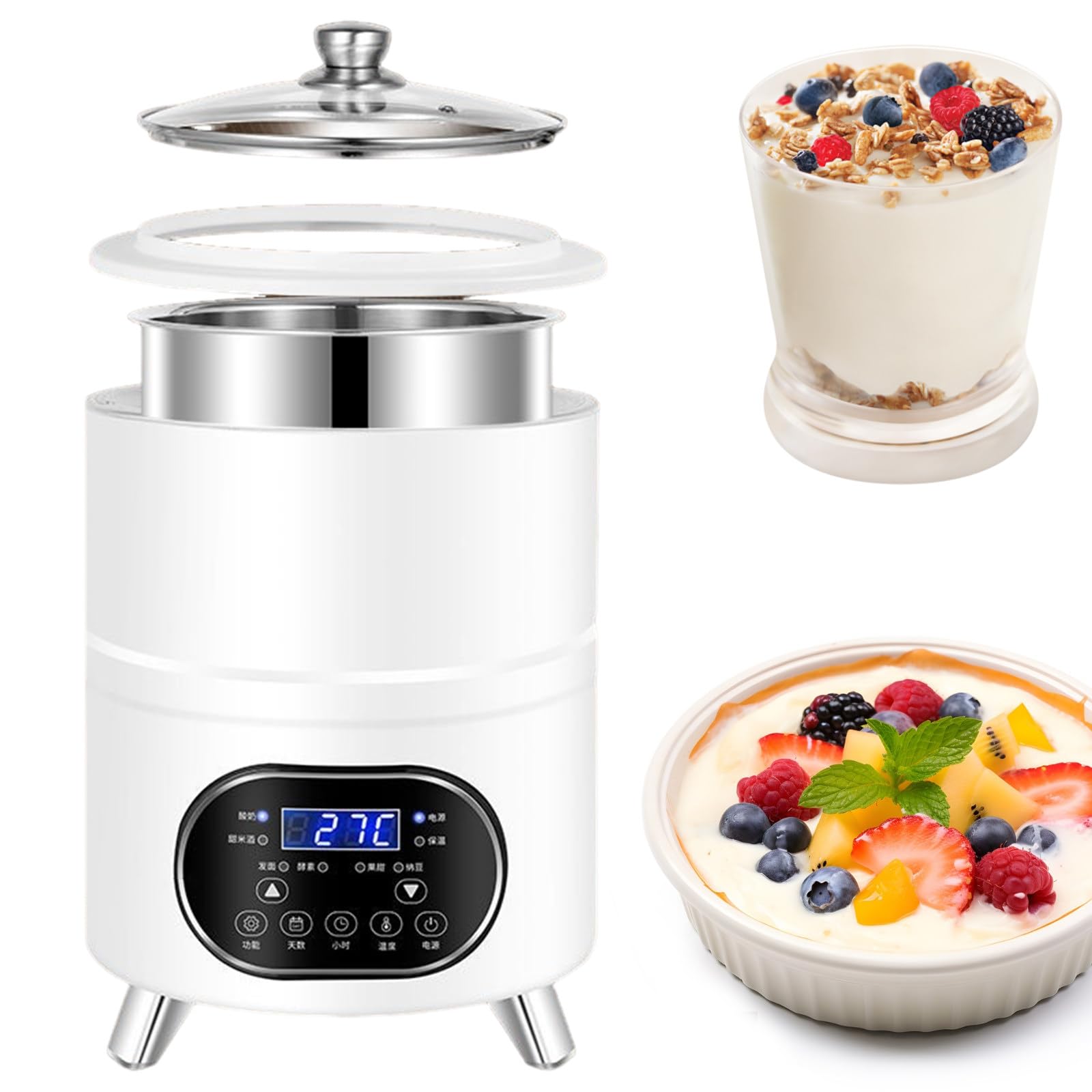Yogurtera de Yogur Griego con Temperatura y Temporizador Ajustables. Ideal para Yogur Orgánico Casero, Queso y Vino de Frutas White 8L