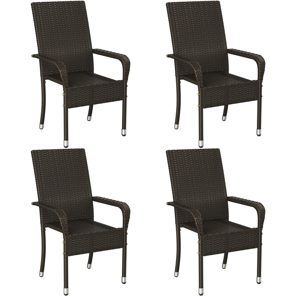 Yaheetech 4er Set Polyrattan Gartenstühle Stapelbar, Rattanstühle Stapelstuhl mit Armlehnen & Rückenlehne, Rattan Stuhl Balkonstuhl mit Verstellbaren Schutzfüßen für Garten Balkon Terrasse, Braun