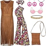 AOTHSO 8 Pcs 70s Women Hippie Costume Set Includes Fringe Vest Bag Pants Headband Necklace Earrings Sunglasses for Halloween