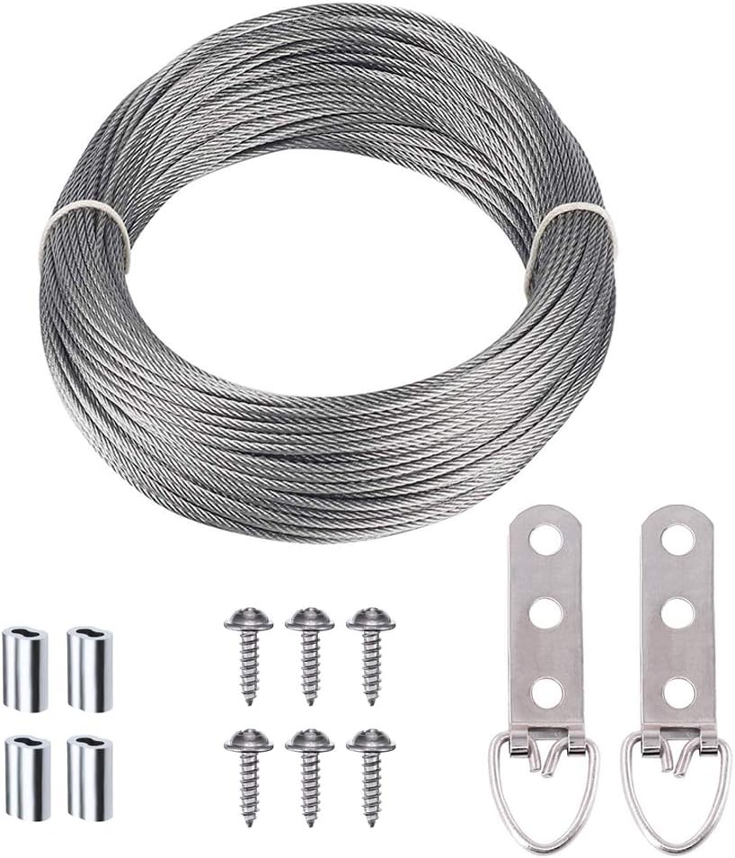 Picture Frame Hanging Wire Kit, Stainless Steel Wire with 10 Pieces 3 Holes D-Ring Picture Hangers with Screws and 20 Pieces Aluminum Crimping Loop Sleeve, Supports up to 110 Lbs (1.5 mm x 65 Feet)
