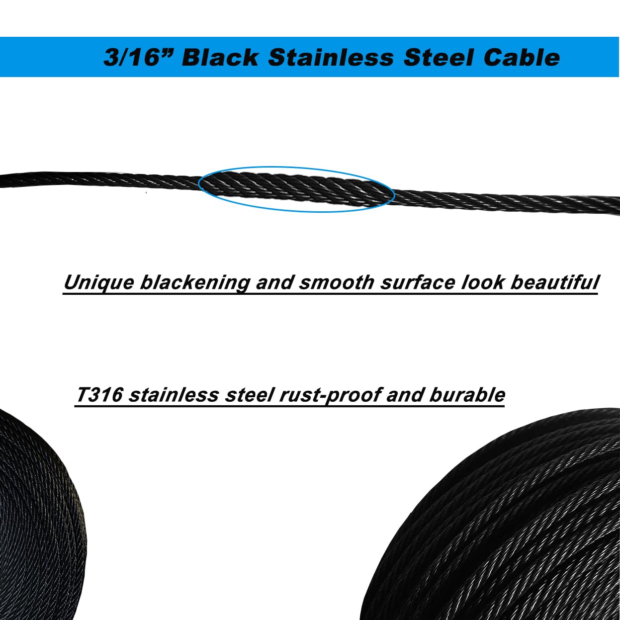 3/16" Black Wire Rope,T316 Stainless Steel Cable,250ft Aircraft Cable,for Deck Cable Railing Hardware Kit,7 x 7 Strand Construction