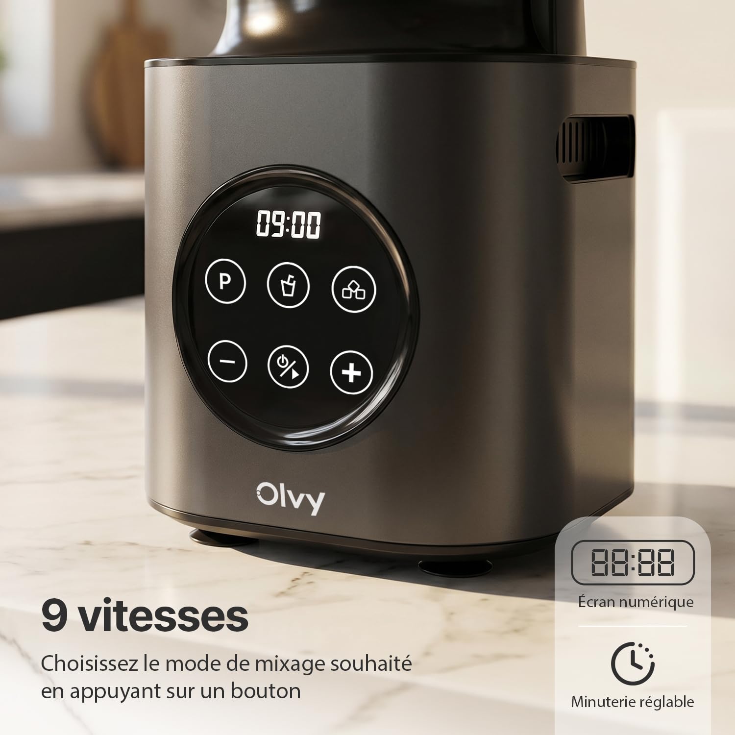 Olvy Blender Chauffant Mixeur Bol Verre Glace Pilee | 1 Appareil | Gris 1000W 1500ml 9 Vitesses | Smoothie Familial & Sport | Gourde Nomade Sans BPA