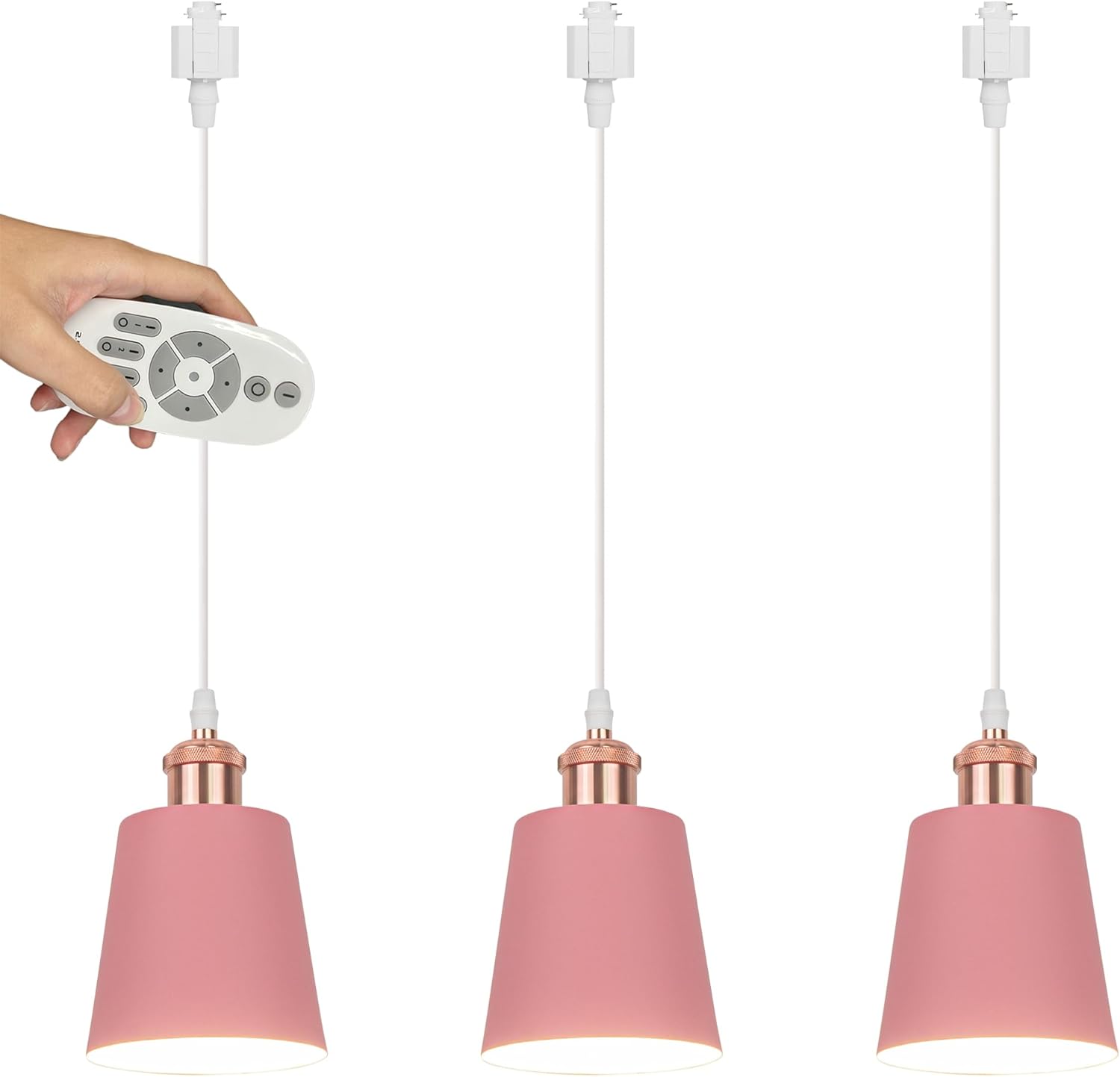 Stepless Dimming & Color Changing H-Type Track Lighting Pendant Restaurant Pink Ceramic Liner Socket Modern Shade Iron Cone Shape, Halo Track Mounted Style for Kitchen, 3 Lights
