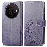 RankOne Custodia in Pelle per ZTE Blade A76 5G (6.75" Inches), Cover a Portafoglio con 3 Fessure per Carte 1 Tasca Portamonete Motivo Quadrifoglio - Viola scuro