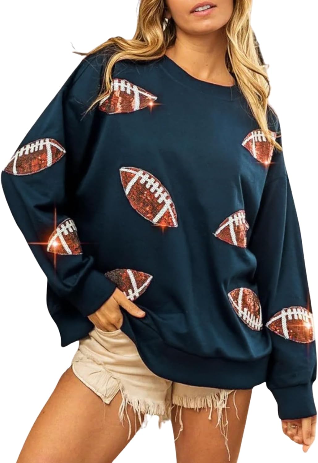 Womens Sparkle Football Sequin Rugby Sweatshirt Game Day Y2K Crewneck Oversized Shirt Long Sleeve Fleece Pullover