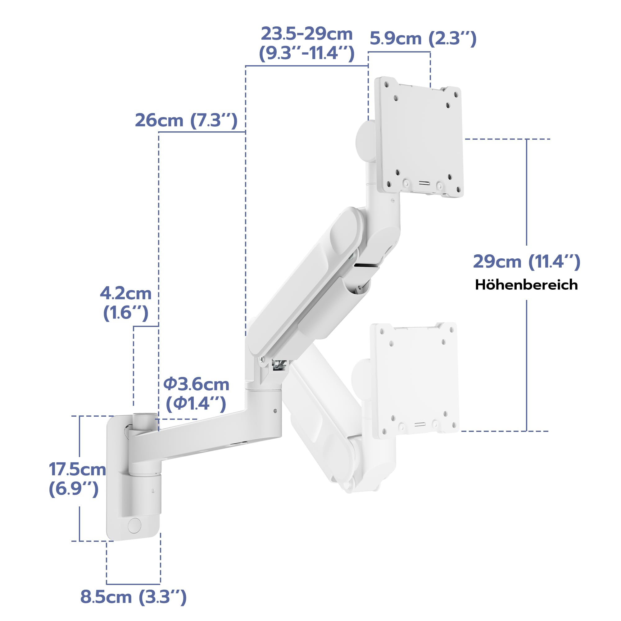 ARES WING 24-57" Monitor Wandhalterung - für Bildschirm bis 27 kg, Gasfeder Monitor Halterung Wand Höhenverstellbar Neigbar Schwenkbar, VESA 75/100, Monitor Halterung für Büro & Gaming, Weiß