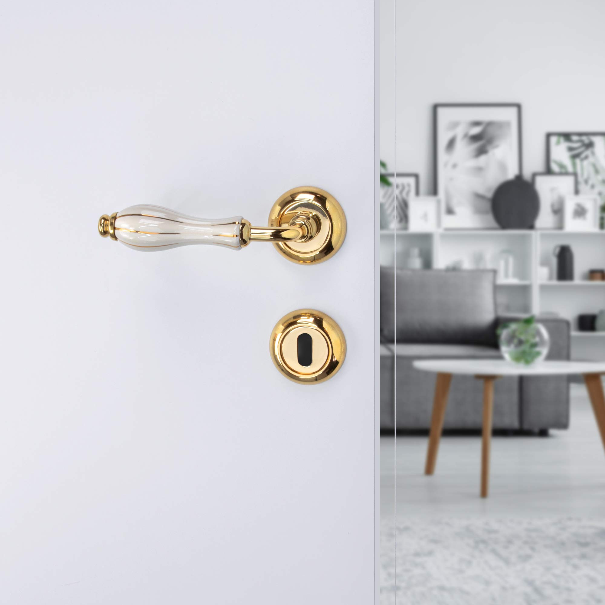 Gedotec GLORY-R - Maniglia per porte interne, porte in legno, ottone lucido, porcellana, BB – barba, 1 pezzo con materiale di fissaggio incluso