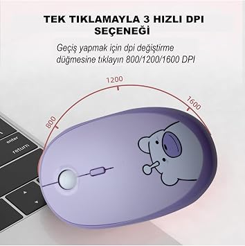 Microcase Mofii Ayıcık Desenli Kablosuz Türkçe Klavye Mouse Set, Mor, Renkli Yuvarlak Tuşlu