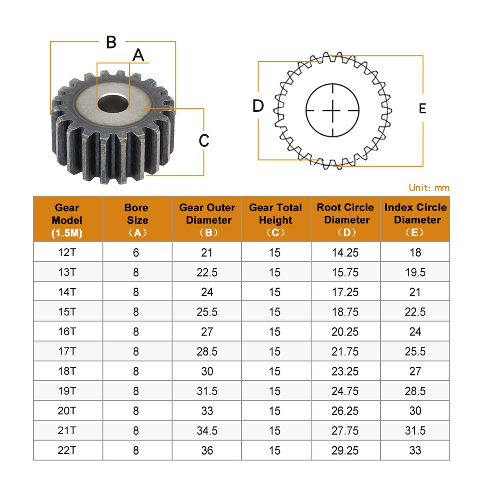 Engrenage hélicoïdal industriel Pignons 1.5M-12T/13T/14T/15T/16T/17T/18T/19T/20T/21T/22T, engrenage cylindrique en acier au carbone, dents à haute fréquence(1.5M13T - Bore 8 mm)