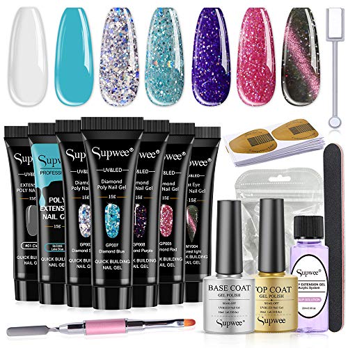 Supwee Glitter Poly Nail Extension Gel Kit,7 Colors Poly Nail Gel Set with Slip Solution Base and Top Coat Set All-in-One Nail Builder Extension Gel for Nail Manicure Beginner Profession Nail Salon