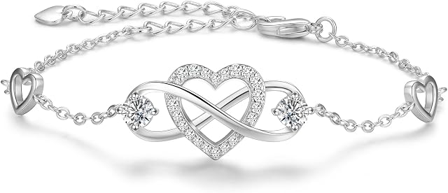 Praelinos Infinity Love Heart Bracelet for Women Birthstone White Gold Plated Silver Tone 5A Cubic Zirconia Adjustable Chain Christmas Birthday Mothers Day Jewellery Gift for Mom Girls Girlfriend