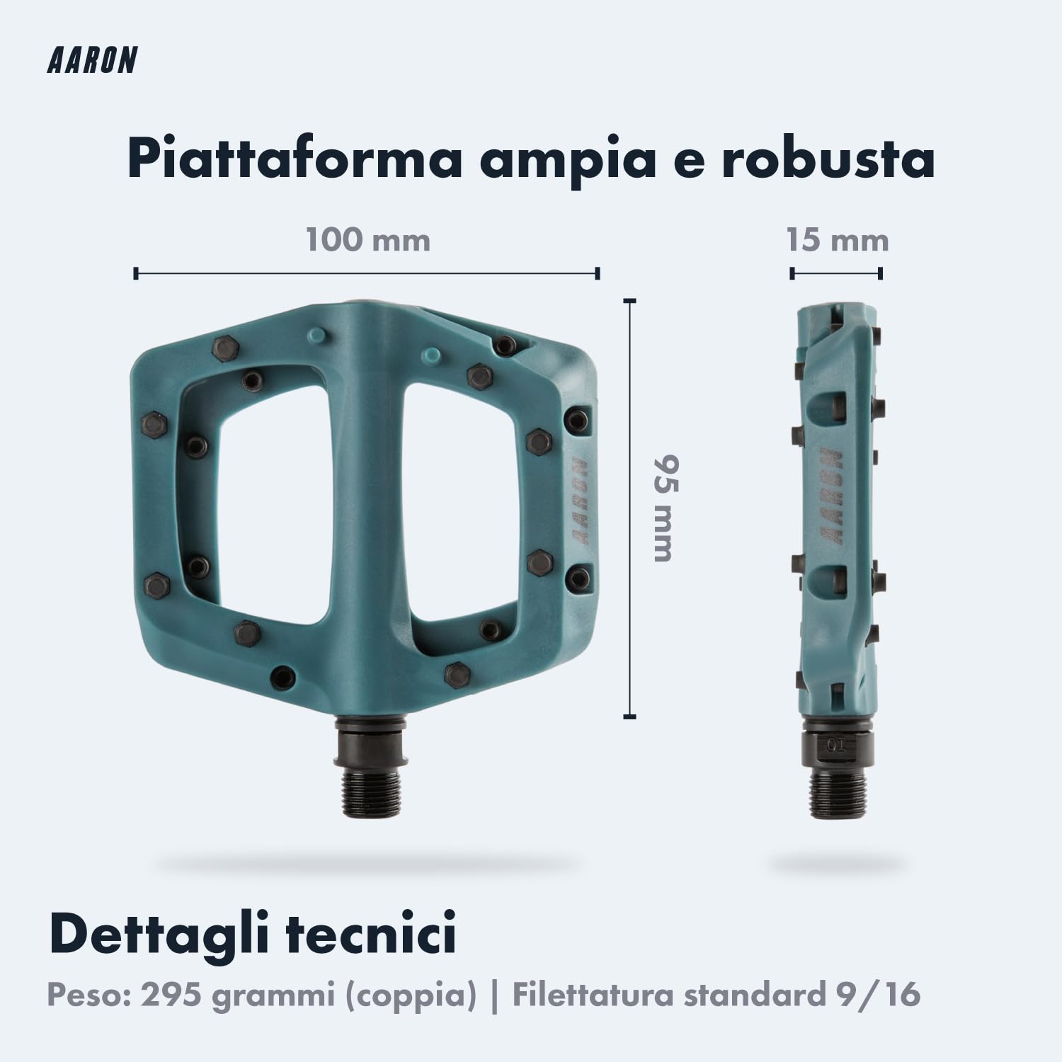 AARON Dirt MTB Pedali in fibra di nylon ultraleggera con cuscinetto a sfera industriale sigillato – antiscivolo grazie a 8 perni intercambiabili – Piattaforma per bici da dirtbike, e-bike, downhill,