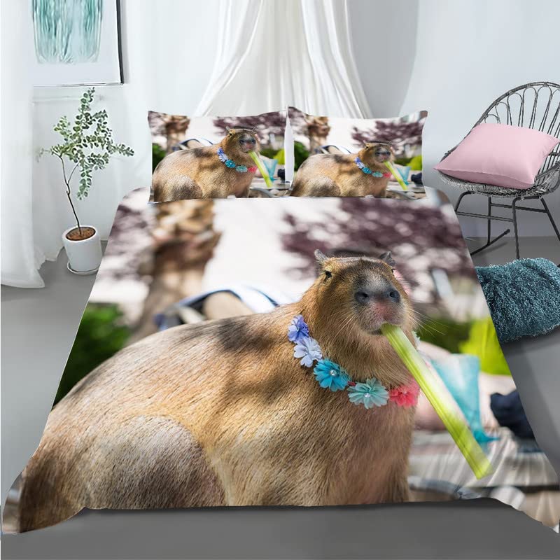 Housse de couette 160x200 capybara kaki en microfibre avec 2 taies d'oreiller