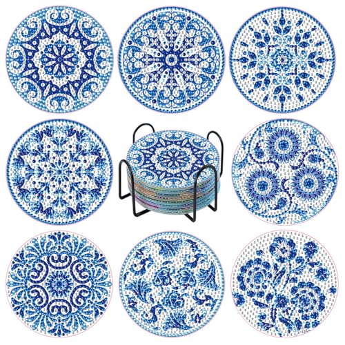 MHwan 8 Piezas Posavasos tridimensionales con Pintura de Diamante 5D, Exquisito Mandala Azul, no Absorbente, indeformable, se Puede reutilizar Durante Mucho Tiempo, con Base de Corcho Antideslizante