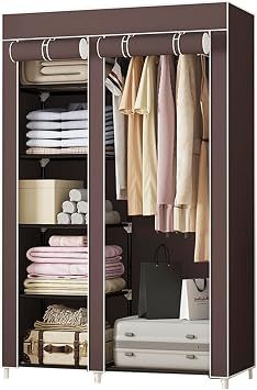 Portable Closet,Portable Wardrobe with Dustproof Cover,1 Hanging Rods & 6 Storage Shelves,Non-Woven Fabric Stable and Sturdy Wardrobe Closet Organizer for Bedroom,Easy Assembly,Brown