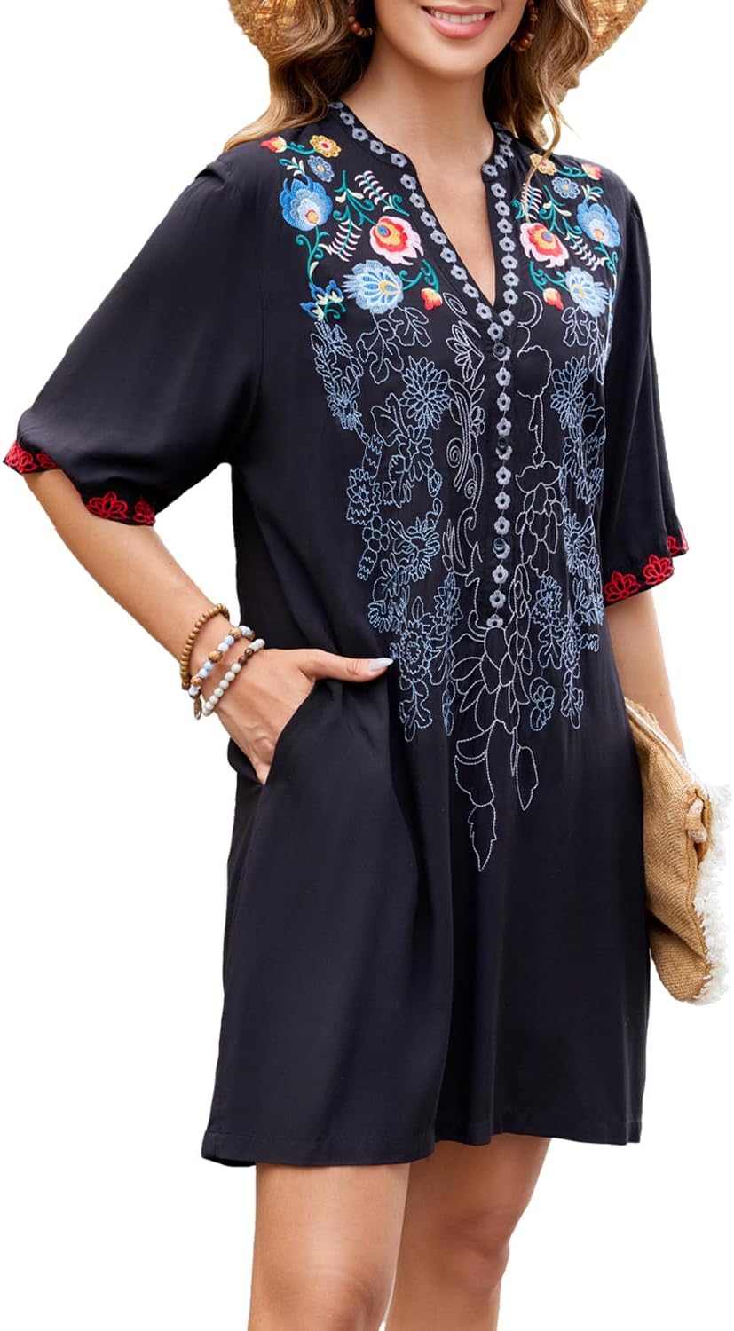 Women's Embroidered Mexican Peasant Dresses Short Sleeve, Plus Size Boho Dress Fiesta Traditional Floral Tunic - Image 4