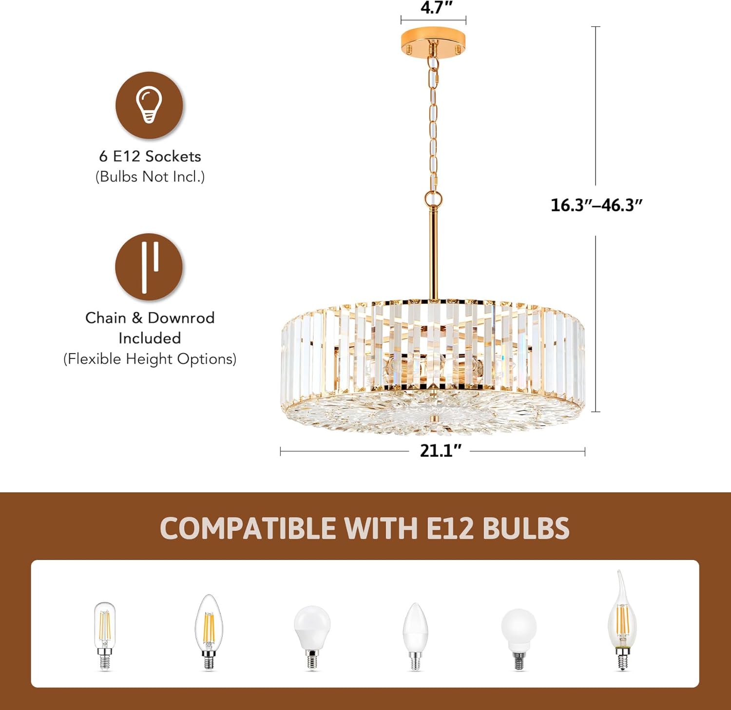 VONLUCE Cystal Ceiling Light Fixture, 6-Light Semi Flush Ceiling Light with Crystal Prisms, 21 in. Chandelier for Dining Room Bedroom Entryway, Kitchen, Gold Metal Canopy, ETL Certificated