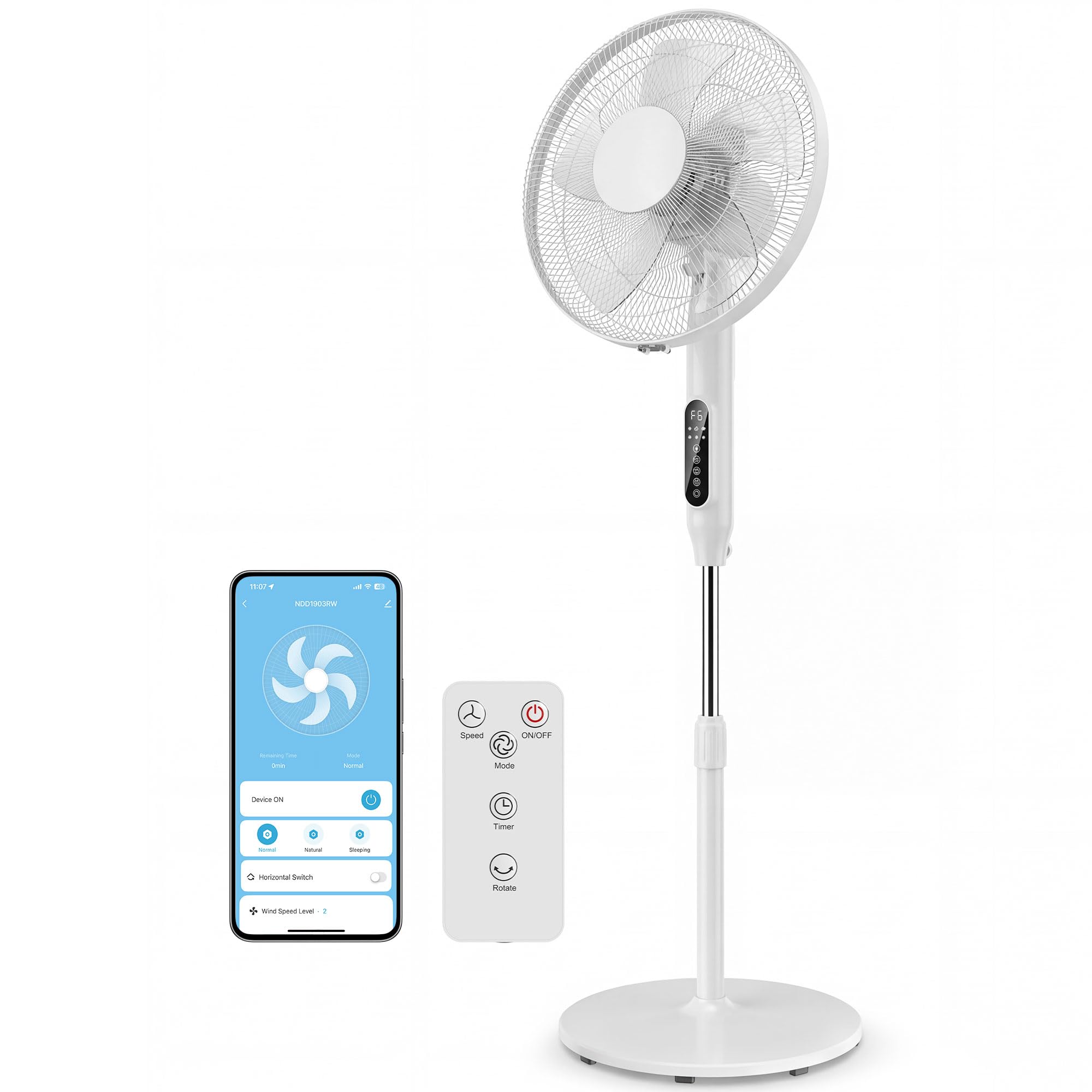 HOMCOM Ventilatore a Piantana 45 cm con Telecomando, 3 Velocità, Altezza Regolabile, Timer 15h, WIFI Controllo, Oscillante, Ventilatore da Terra per Camera, Bianco