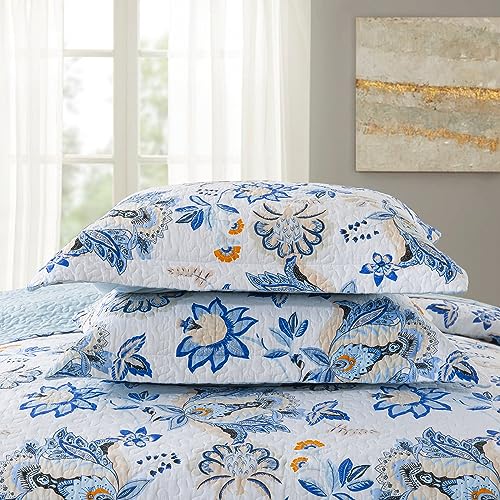NEWLAKE Cotton Bedspread Quilt Sets-Reversible Patchwork Coverlet Set, Gorgeous Floral Pattern, King Size