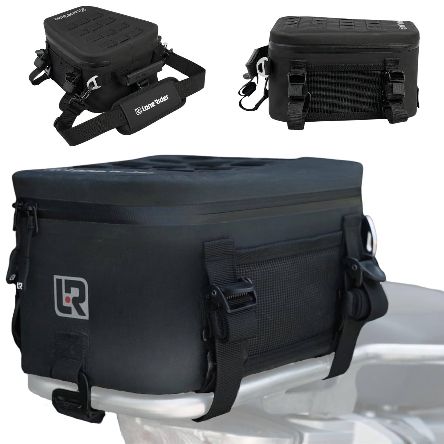 Lone Rider Bolsa de Sillín Moto 8L - Impermeable, Semirrígida | Paneles MOLLE, sistema de correas seguro & interior acolchado. Se adapta a asientos, parrillas, maletas & alforjas.