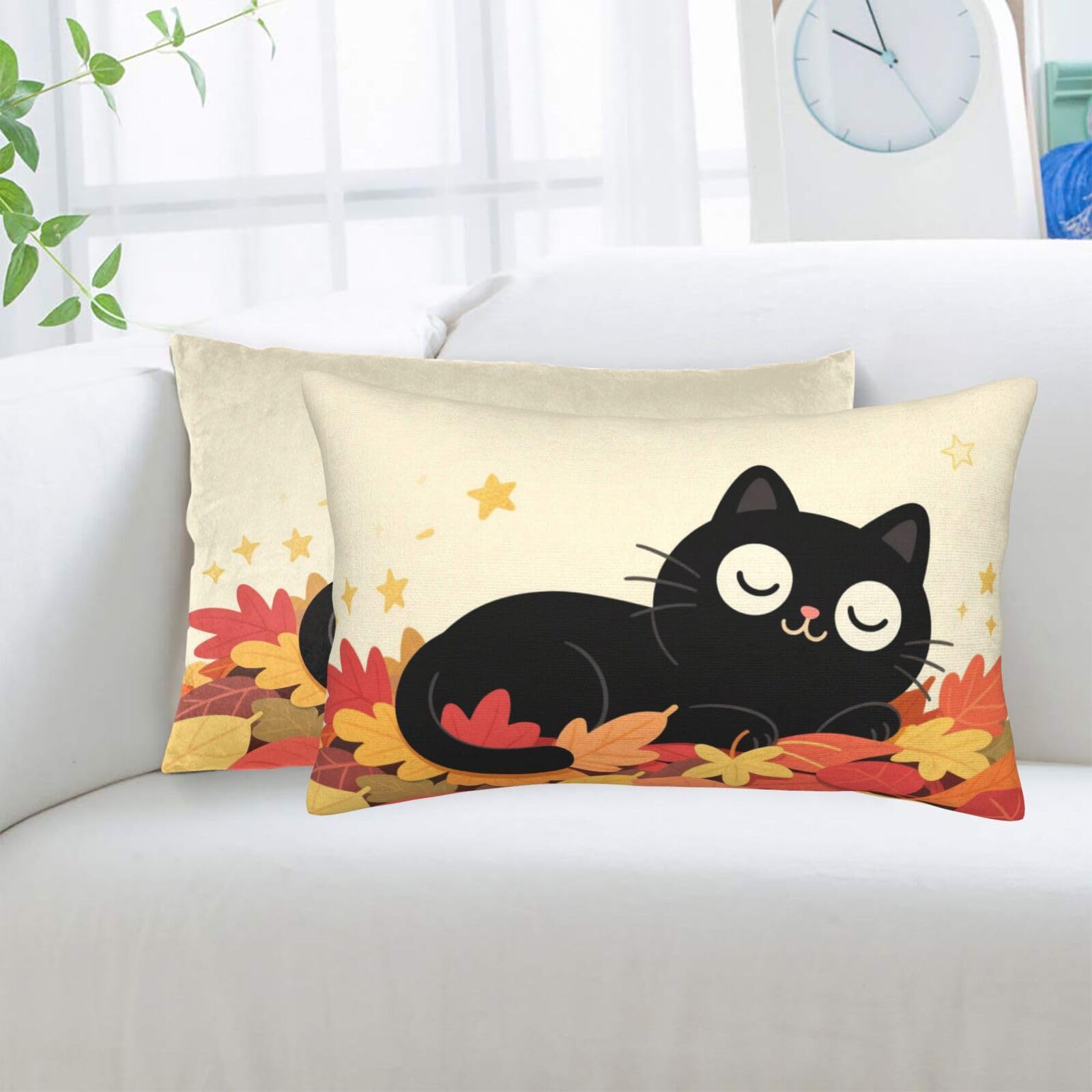 2 Pack Standard Pillowcases Sets, Ultra Soft Comfort Microfiber Plush Pillow Cases Cute Black Cat Leaf Decorative Throw Pillow Cover with Hidden Zipper for Bedroom, Sofa, Couch,14"X20"