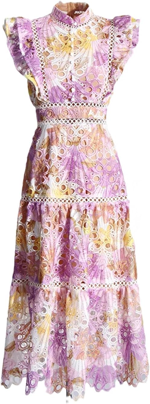 Women's Floral Short Sleeve Hollow Dress Stand Collar High Waist Zipper Mini Dress